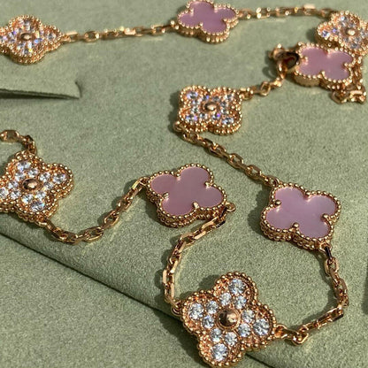 [AuraEcho]CLOVER 10 MOTIFS DIAMOND PINK MOP NECKLACE