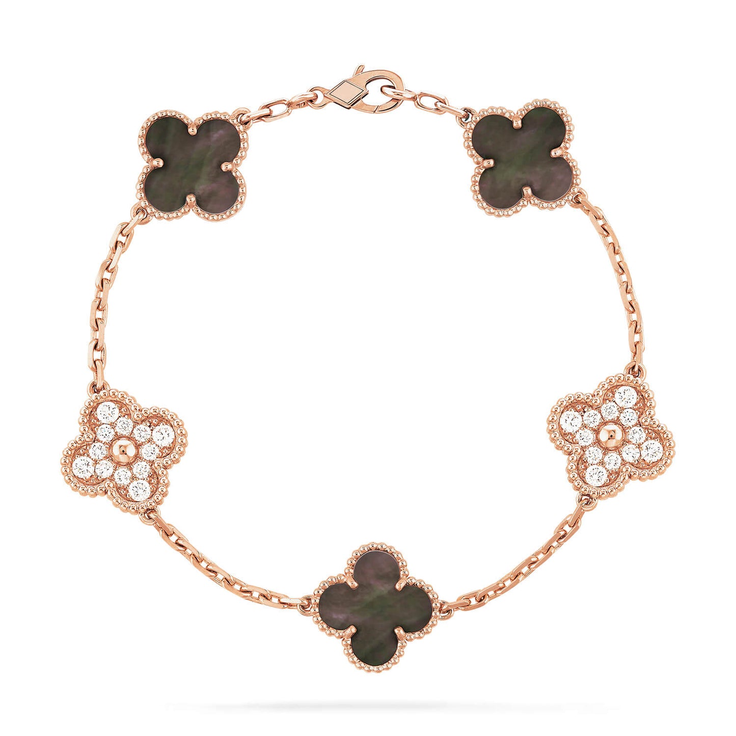 [AuraEcho]CLOVER 5 MOTIFS DARK MOP AND DIAMONDS PINK GOLD BRACELET
