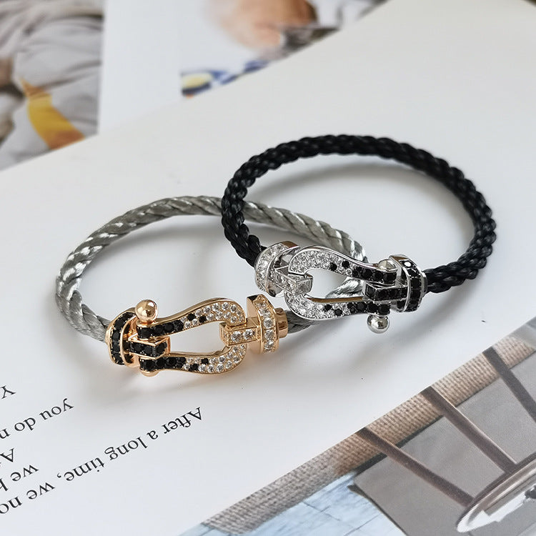 [AuraEcho]FORCE LARGE HORSESHOE BLACK WHITE DIAMOND BRACELET SILVER