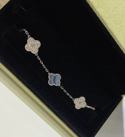 [AuraEcho]CLOVER  5 MOTIF DIAMOND PURPLE CHALCEDONY BRACELET SILVER