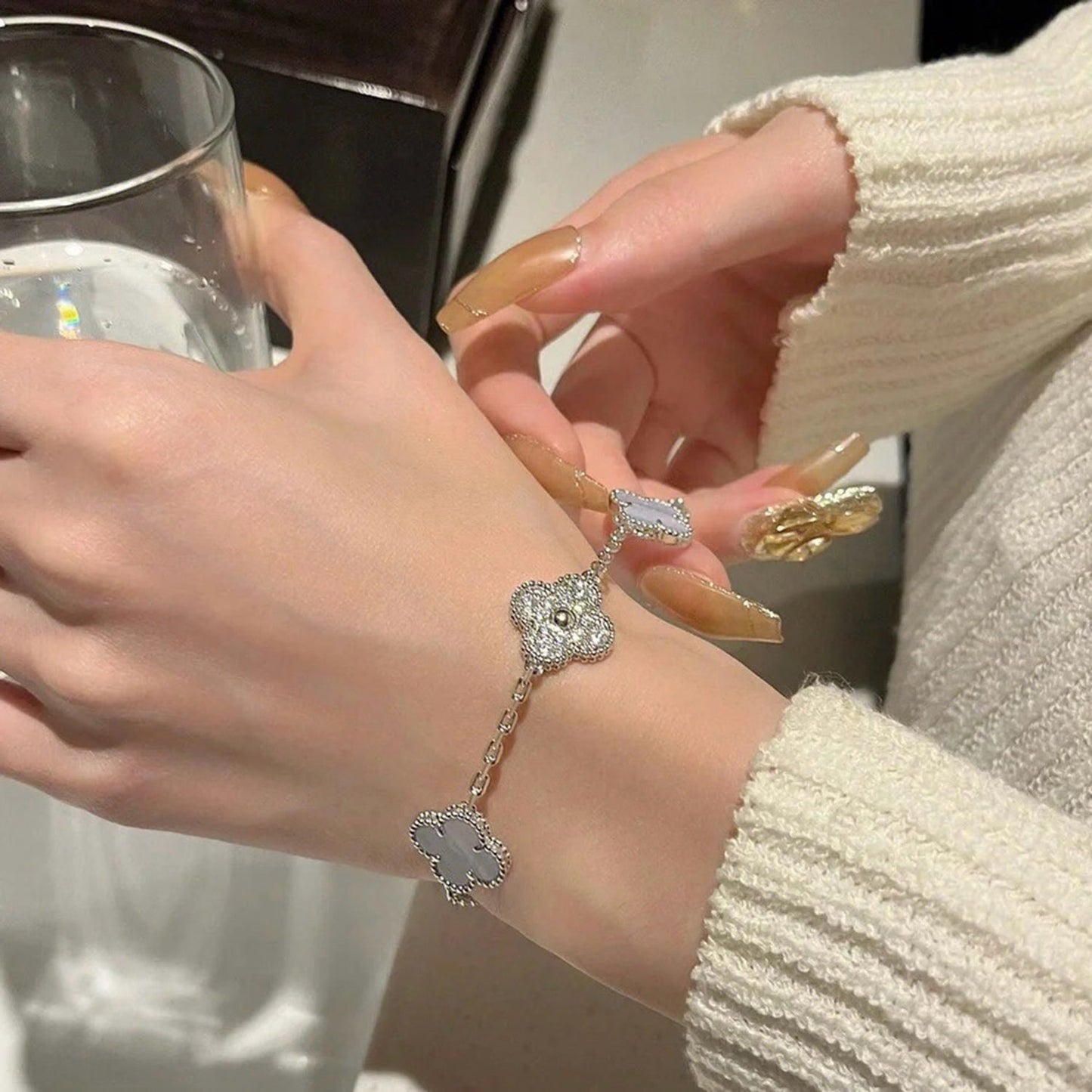 [AuraEcho]CLOVER  5 MOTIF DIAMOND PURPLE CHALCEDONY BRACELET SILVER