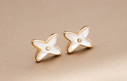 [AuraEcho]JEUX DE WHITE MOP PINK GOLD DIAMOND EARRINGS