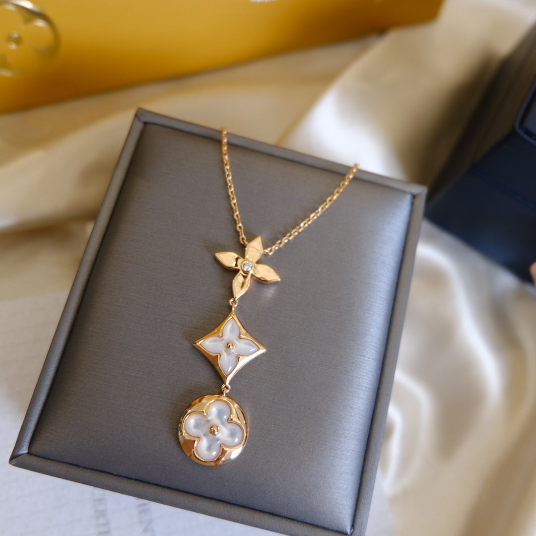 [AuraEcho]COLOR BLOSSOM LARIAT NECKLACE PINK GOLD WHITE MOTHER PEARL AND DIAMOND