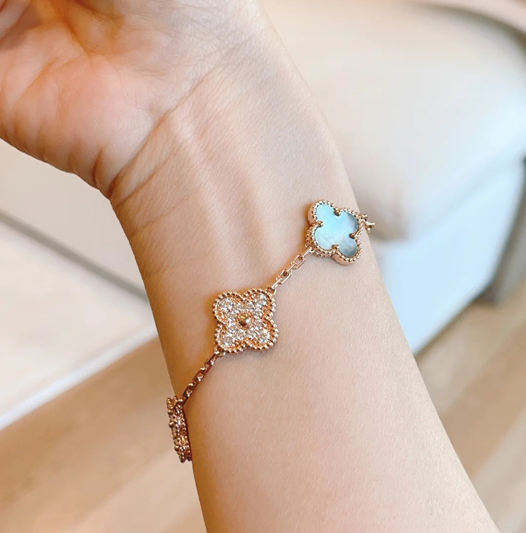 [AuraEcho]CLOVER 5 MOTIFS DARK MOP AND DIAMONDS PINK GOLD BRACELET